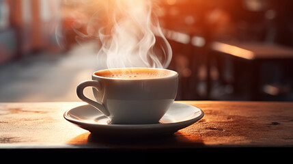 Ceramic Coffee Mug on Table with Steam