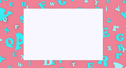 the blue letters of the English alphabet are randomly arranged on a red background around a piece of paper 3d rendering