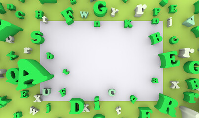 the green letters of the English alphabet are randomly arranged on a green background around a piece of paper 3d rendering