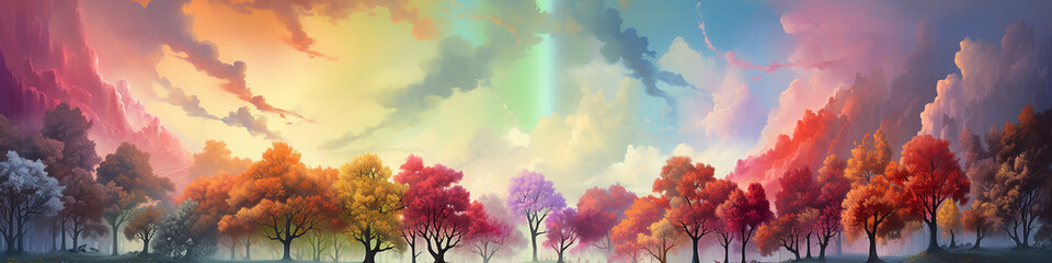long panorama on row of colorful trees in a fantastic landscape of the forest rainbow spectrum autumn