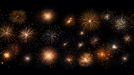 Golden fireworks isolated layer on black background, night festive view abstract