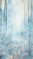 high, narrow, simple background watercolor drawing forest in the jungle in the rainy season
