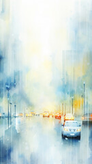 high, narrow simple watercolor background, traffic in the city cars in gray light and blue tones