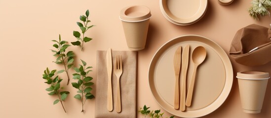 Top view of eco-friendly disposable tableware made from cardboard and paper, aiming for zero waste.
