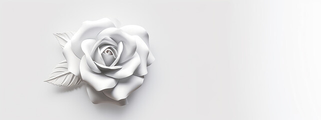 Valentines Day Card and Wedding Invention. All white rose and leaf on white background. 3D rose with area for text to the right