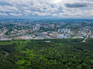 Yekaterinburg aerial panoramic view in summer sunset. Ekaterinburg is the fourth largest city in Russia located in the Eurasian continent on the border of Europe and Asia.