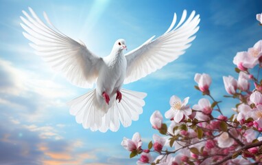 White dove in the sky with flowers