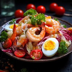 Salad with shrimp, eggs and red cabbage on a black background. AI Generative