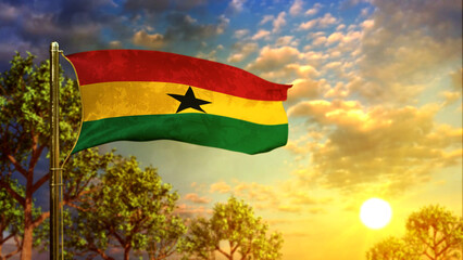 waving flag of Ghana at sundown for state holiday - abstract 3D illustration