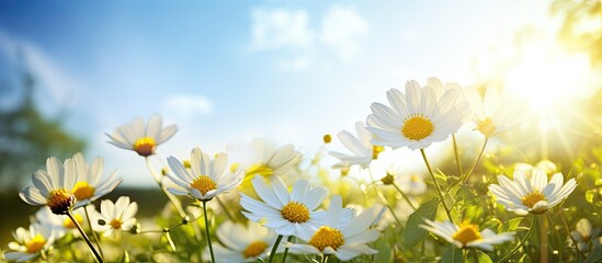 The blooming flowers are beautiful in the green nature-filled sky with the shining sun.