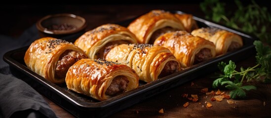 Newly made sausage rolls with puff pastry cooling on a tray - obrazy, fototapety, plakaty