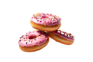 Donuts with icing, crumbles and sprinkles that flying isolated on transparent png background, falling donuts, dessert and sweet food for bakery shop.
