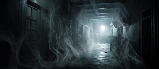 Creepy 3D digital illustration of ghostly atmosphere in haunted house corridor.
