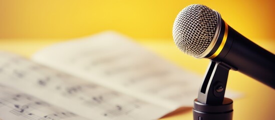 Microphone, bible, and yellow music sheet in close-up.