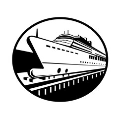 Obraz premium Retro style illustration of a passenger cruise ship merchant vessel on dry dock or dry docking for repairs and maintenance front view set in oval shape on isolated background done in black and white. 