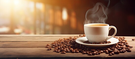 Coffee cup and beans on wooden table with coffee shop background and blank spot.