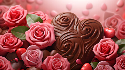 roses and chocolate Valentine's Day with red Big hearts white and pink Big hearts background and red rose 3D top view
