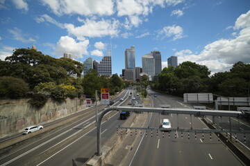traffic on the highway in downtown city and city skyline, Sydney Australia 