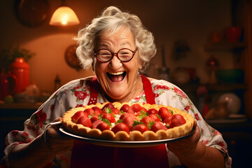 Joyful smiling grandmother with glasses holding freshly baked strawberry pie on a tray.