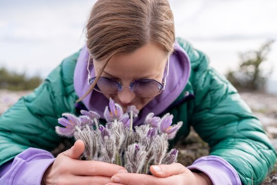 Dream grass woman spring flower. Woman lies on the ground and hugs flowers pasqueflower or Pulsatilla Grandis flowers