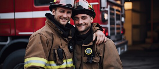 Two firefighters in protective suits, one smiling, embracing the other by the shoulder near the fire truck.