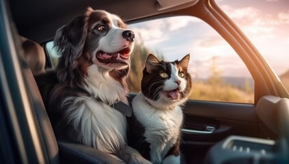 dog and cat are traveling with their family on their holiday.	