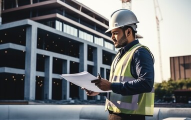 Civil architect engineer inspecting and working outdoors building site with blueprints