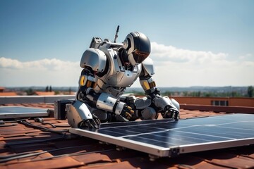 A robot is installing solar panels on a house's roof, a labor concept that can put people at risk. - obrazy, fototapety, plakaty