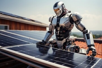 Naklejka premium A robot is installing solar panels on a house's roof, a labor concept that can put people at risk.
