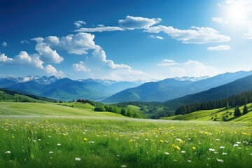 Fototapeta premium Panorama view of beautiful green meadow and rolling hills with beautiful clear sky. Mountain landscape.
