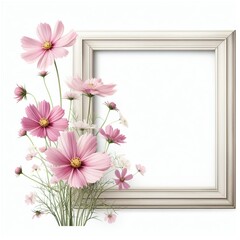 Pink cosmos flowers in a corner floral arrangement with frame isolated on white background