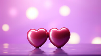 Two red hearts on a purple background with bokeh and copy space