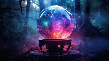Magic crystal ball in the fantasy forest. - obrazy, fototapety, plakaty