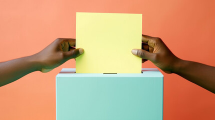 African American woman putting her vote into a ballot box, isolated on orange background