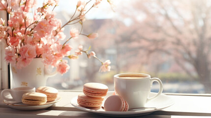 Cup of coffee and macaroons on windowsill with spring flowers - obrazy, fototapety, plakaty