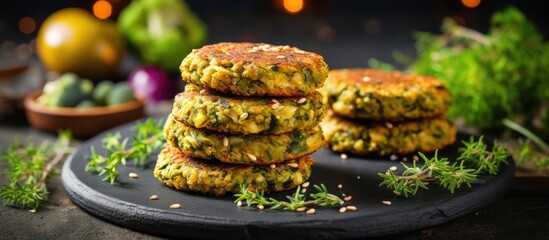 Vegan festive holiday dish: Quinoa and broccoli vegan burgers on stone table.