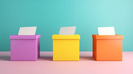Colorful ballot boxes on pastel background.