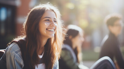Outdoor portrait of beautiful young woman smiling and looking at camera.