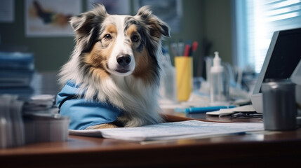 Australian shepherd dog lying on a table in a veterinary clinic. Pet care concept.