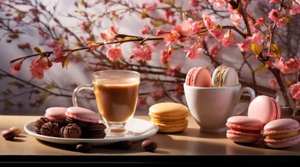 Poster Cup of coffee with macaroons and cherry blossom branch © tashechka