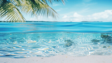 Fototapeta na wymiar Tropical beach with palm leaf and sea water. Summer background