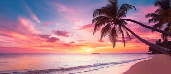 Fototapeta na wymiar Stunning tropical beach with palm tree and pink sky, perfect for a relaxing holiday getaway.