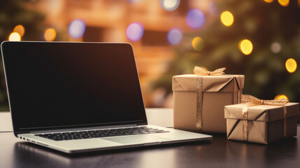 Delivered parcel box on table with laptop blurred home background. Christmas Online shopping. Black Friday sale.