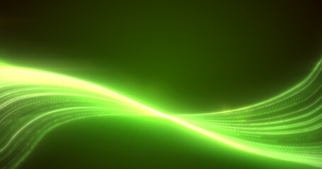 Abstract green glowing flying waves from lines energy magical background