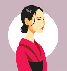 Portrait of a Beautiful Woman of Chinese Ethnicity Vector Illustration. Lovely and graceful girl wearing traditional red dress

