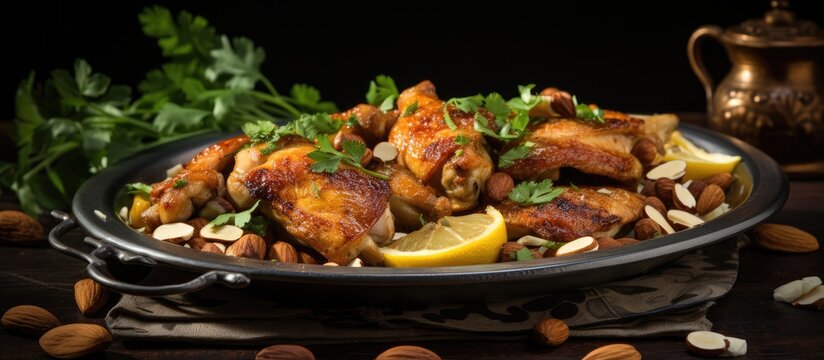 Traditional Saudi chicken dish with roasted chicken, almonds, and Arabic flavors.