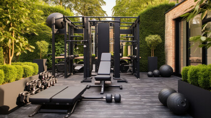 Empty outdoor gym with different sport simulators in residential area