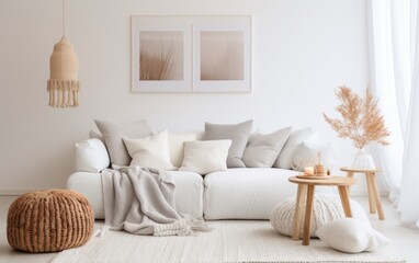 Scandinavian home interior design of modern living room. Knitted pouf, fabric sofa with blanket and pillows
