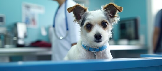 Vet clinic visit: small dog checked by doctor at reception, with image of dog on operating table.