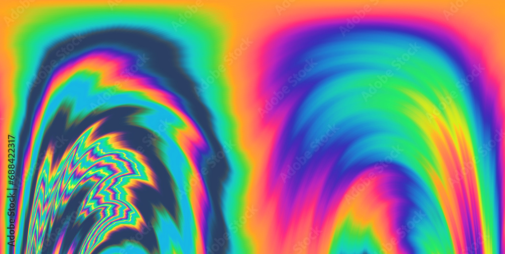 Aufkleber 
A vivid and mesmerizing scene filled with neon-toned glitched patterns, elevated by an enchanting polarization effect, creating a vibrant and trippy backdrop.